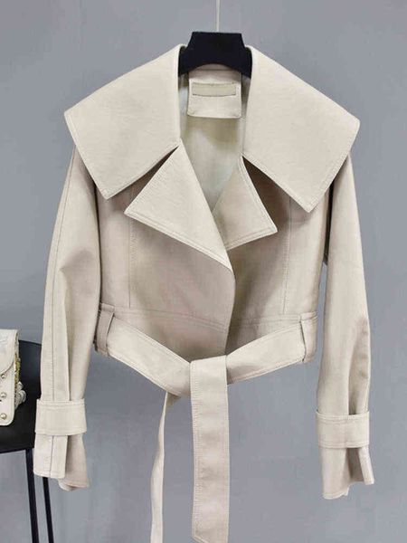 

fmfssom 2022 spring turn down collar soft faux leather jacket women sashes casual fu coat beige autumn windproof outwear t220810, Black