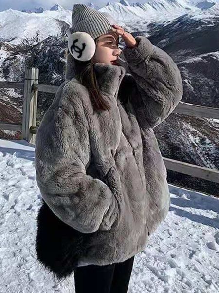 

plush jacket women winter imitation rex rabbit fur grass midlength loose thick hooded women jacket ins 220819, Black;brown