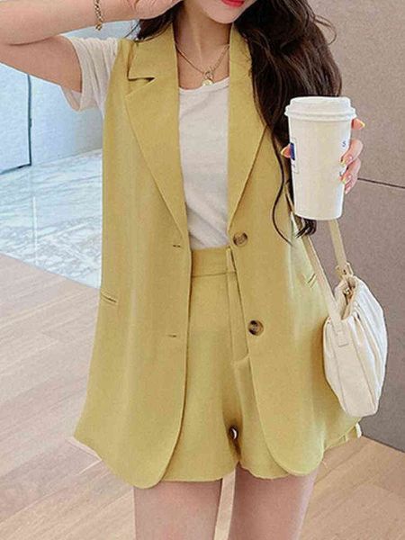 

women's casual blazer pants suit summer loose sleeveless vestshort pants 2 piece set female fashion elegant outfit clothes j220813, White;black