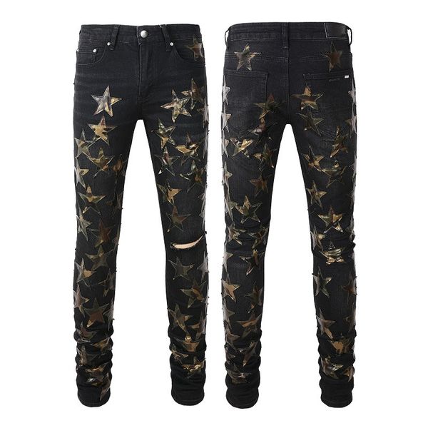 

men jeans for mens jeans man designer rip slim fit skinny black pants camouflage star patches biker denim stretch motorcycle trendy long str, Blue