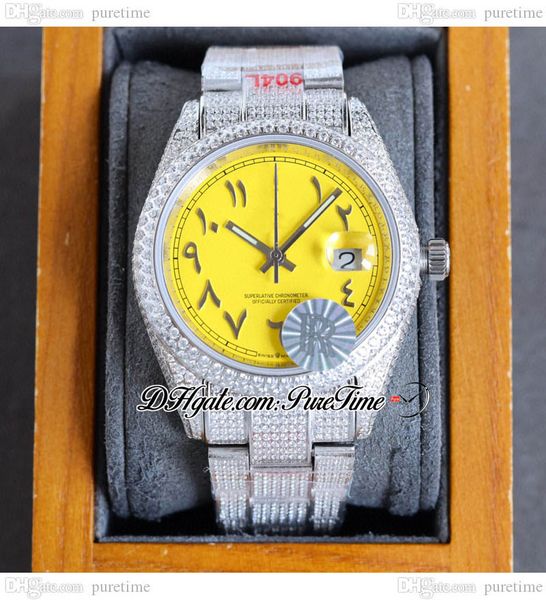 

rf 40 date eta a2824 automatic mens watch paved diamond yellow dial arabic script markers iced out diamonds 904l oystersteel bracelet jewelr, Slivery;brown