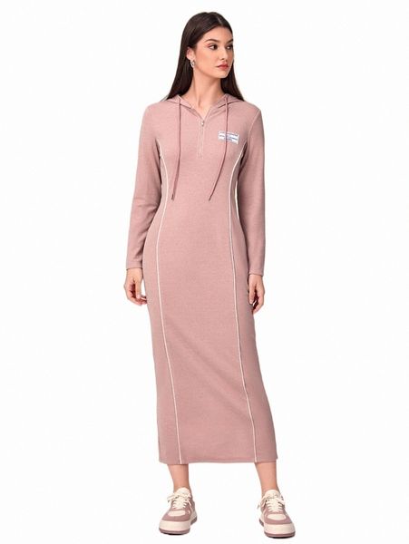 

letter patched contrast tipping hooded dress b8g9#, Black;gray