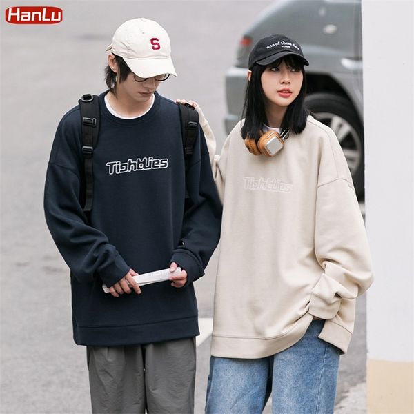 

hanlu couple hoodies sweatshirt cottontracksuit men women sweater winter japanese streetwear casual loose jumper 220819, Black