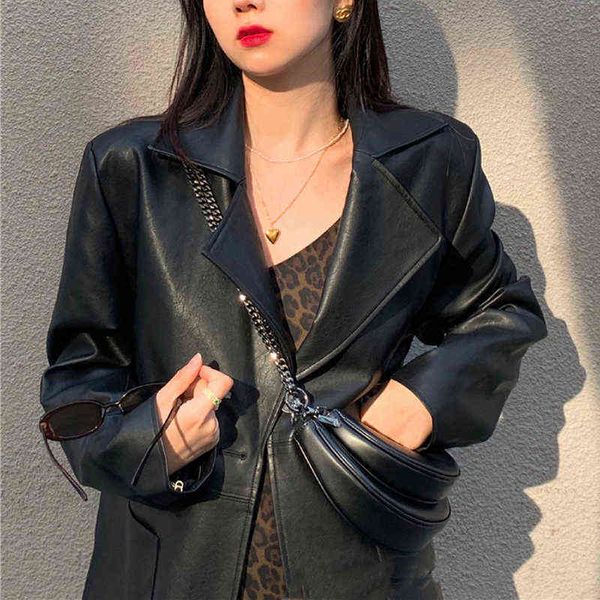 

vintage loose black leather moto jacket korean outerwear high street long sleeve coat winter chic business streetwear biker t220810