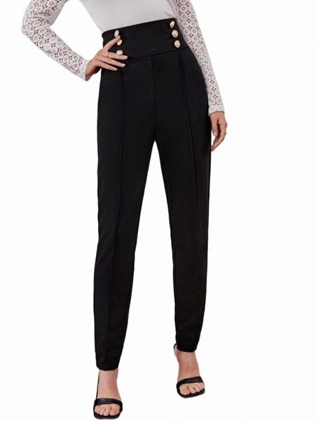 

button detail solid pants o0ce#, Black;white
