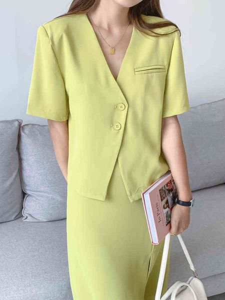 

elegant office ladies skirt suits fashion casual blazerhigh waist split pencil midi skirt summer woman business 2 pieces set j220813, White;black