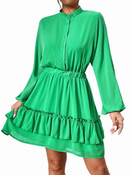 

half button bishop sleeve layered hem dress c7gm#, Black;gray