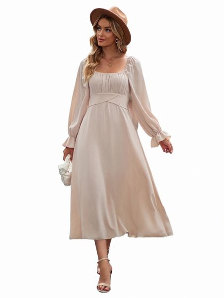 

women's casual dresses solid ruched bust flounce sleeve dress 38af#, Black;gray