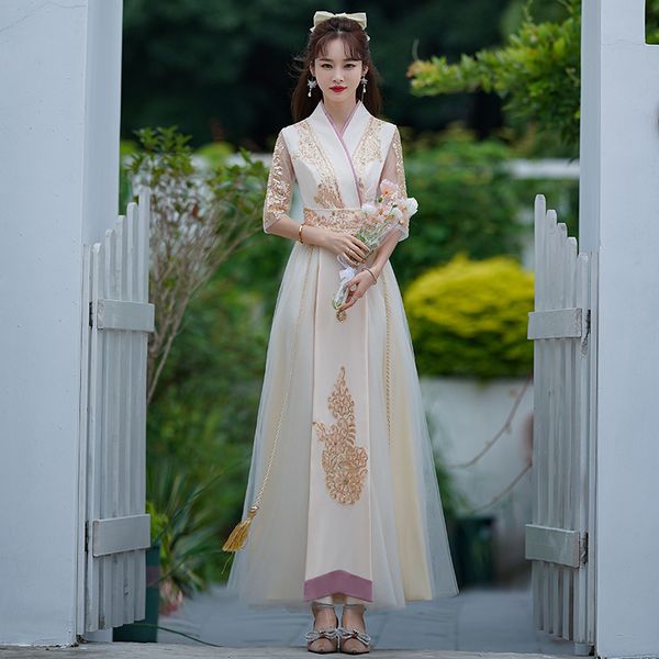 

hanfu casual dresses women's elegant long gown hanbok style asian clothing champagne vintage national v-neck robe, Black;gray