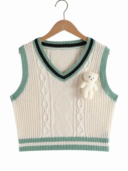 

women's sweaters striped trim 3d bear detail sweater vest r9n4#, White;black