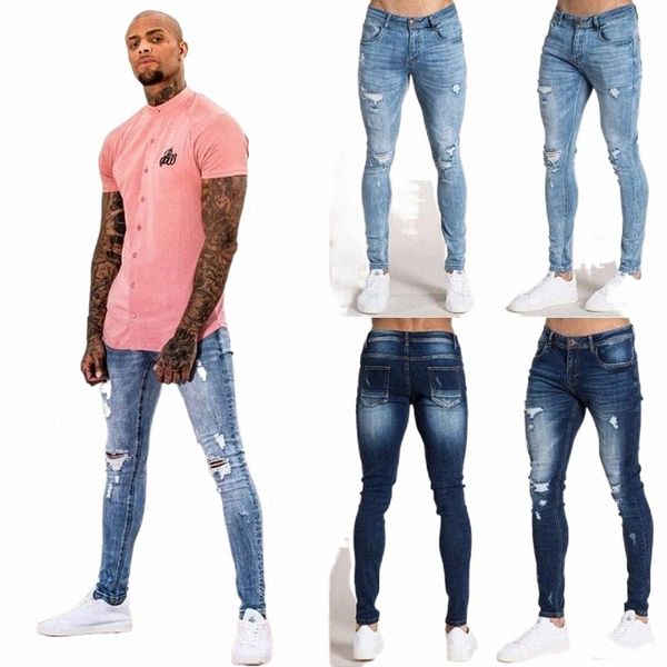 

men skinny jeans stretch stretchy frayed rip pant denim pants casual long trouser men's n561#, Blue