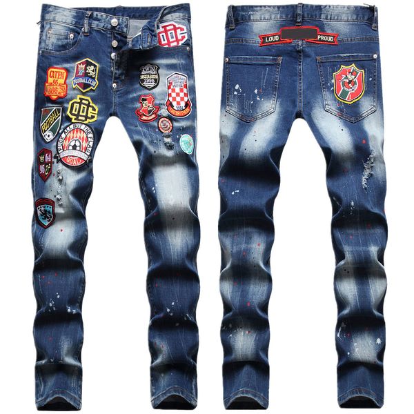 

new men's jeans summer ripped patch mid-waist button washed fashion slim trousers mm01hf63jeans, Blue
