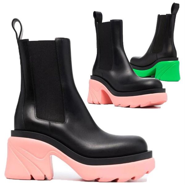 

2021 aaaa black pink soles bottega boot fashion luxury tire leather chelsea booties men platform chunky shoes lady knight high-boo241f