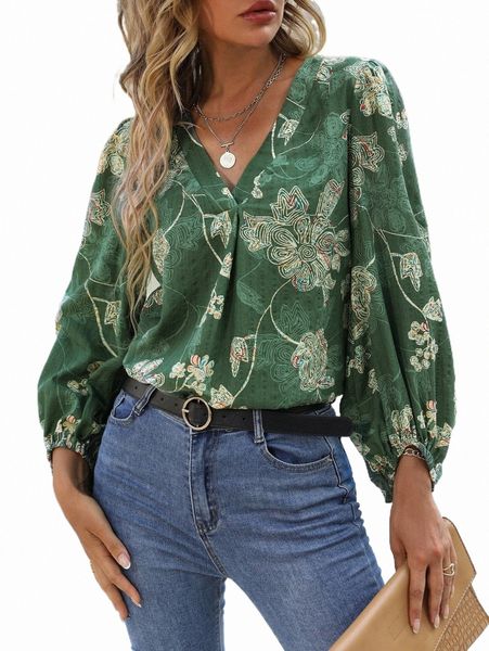 

floral print lantern sleeve blouse h4yi#, White
