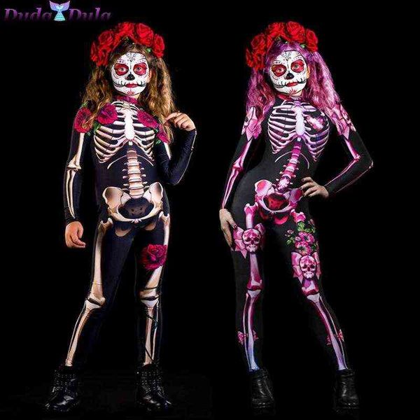 

women girl halloween skeleton rose scary cosplay jumpsuit devil ghost jumpsuit party carnival performance 3d print bodysuit y220819, Red;yellow