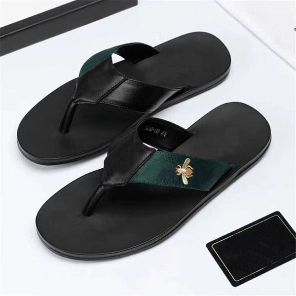 

2021 fashion black soft leather sandals mules bees summers slide slippery flat chain sandals wide t-bar casual beach slip sandals with box