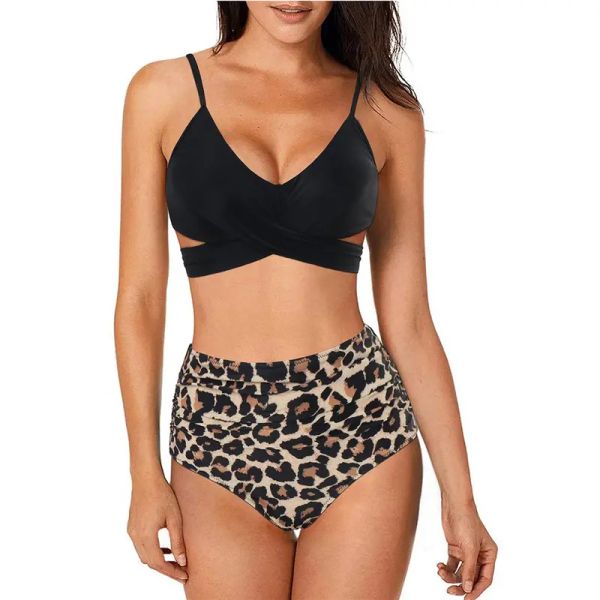 

swimsuit europe and the united states new cross straps high waist print split ladies bikini swimwear, White;black