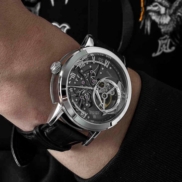 

oblvlo retro casual men skeleton automatic watch mechanical calfskin strap mineral crystal glass black dial waterproof clock vm, Slivery;brown