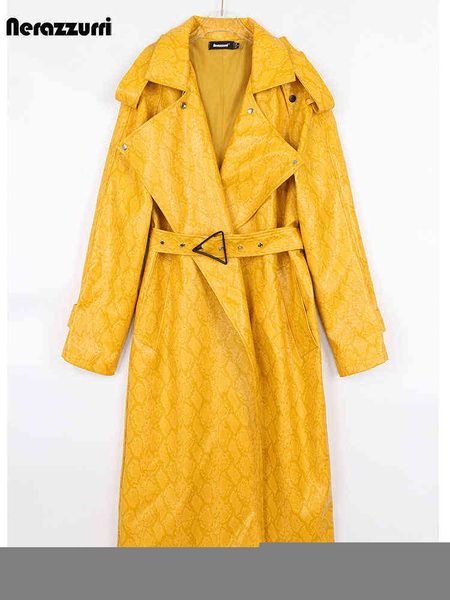 

nerazzurri spring autumn long oversized colorful snakeskin print patent leather trench coat for women belt runway fashion 2022 t220810, Black