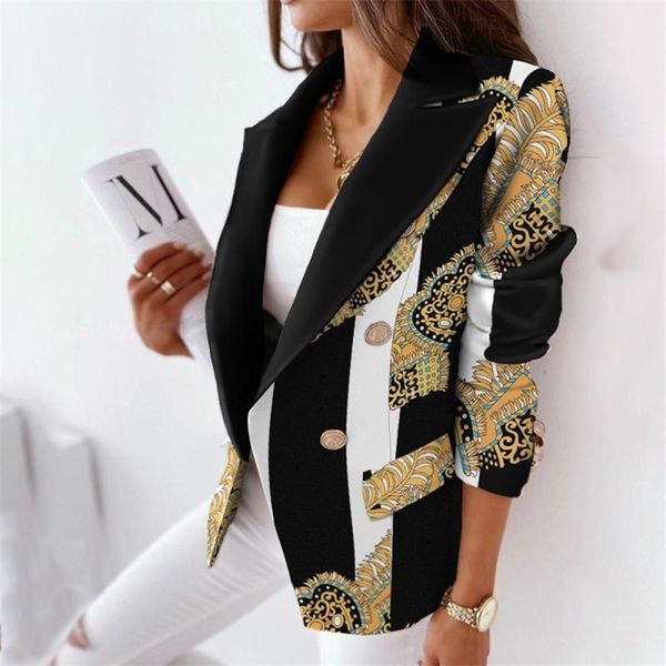 

autumn office lady elegant blazer coats fashion turn-down collar women outerwear spring casual simple long sleeve jackets printe 220819, Black;brown