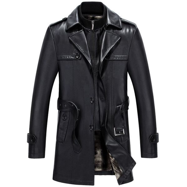 

ng black sheepskin soft matte men smart casual long style leather trench thick warm coat over coat 220819, Black;brown