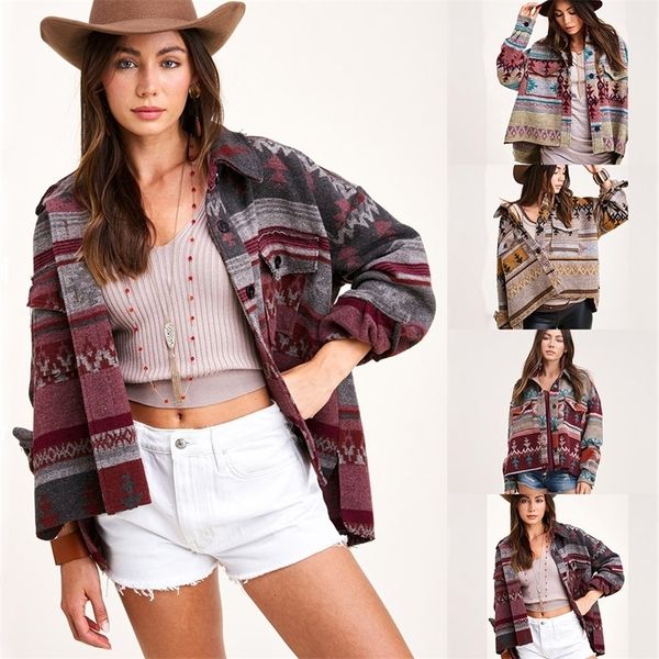 

vintage jacket women aztec retro ethnic style splicing loose streetwear print woolen long sleeves straight coat female 220819, Black;brown