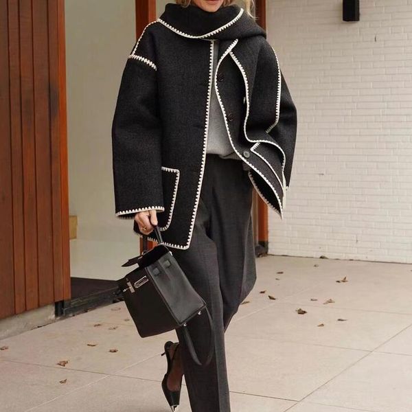 

autumn winter wool blend tassels embroidered scarf jacket dark grey melange oversized coat big pockets 220819, Black