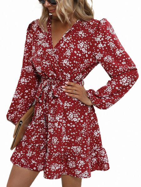 

ditsy floral print surplice neck belted dress 31ei#, Black;gray