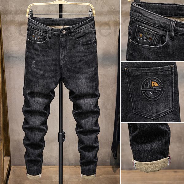 

men's jeans designer 2021 autumn and winter new colored s bottom fleece thickened jeans men's fashion slim fit feet elastic tide b, Blue