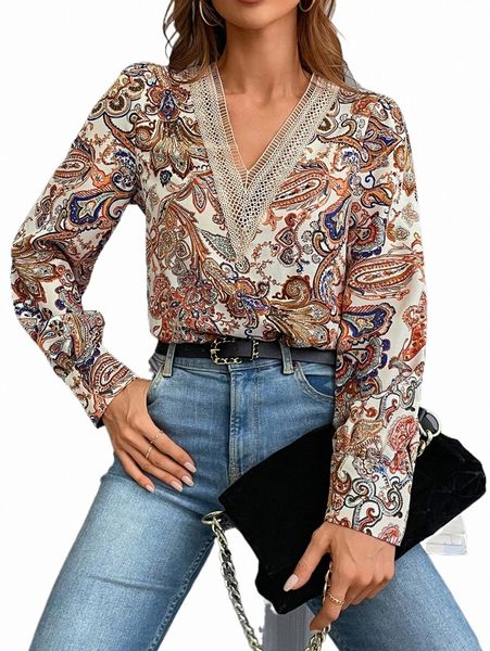 

women's paisley print guipure lace panel bodysuit k4o5#, White