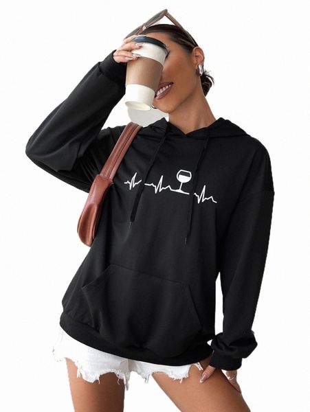 

wine and ecg print drop shoulder kangaroo pocket drawstring hoodie h1qs#, Black
