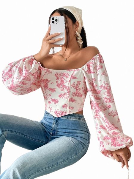 

floral print off shoulder lantern sleeve hanky hem blouse y227#, White