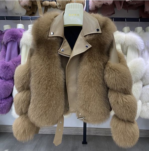 

genuine fox fur coat designer clothing womens jackets women real furs coats with foxes winter fashion motocycle style fur leather jacket wom, Black