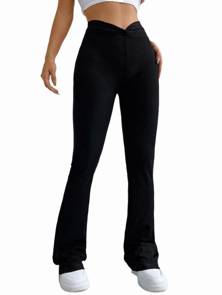 

solid twist waist flare leg pants o9do#, Black;white