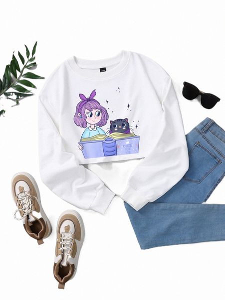 

x eveillustra slogan & figure graphic drop shoulder sweatshirt r7hs#, Black