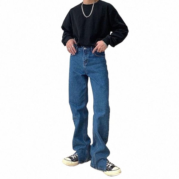

men's jeans dark blue cropped slits for men hip hop streetwear pants women boyfriend baggy straight wide leg trousers denim c2oe#