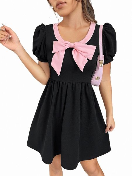 

bow front puff sleeve dress c9ix#, Black;gray