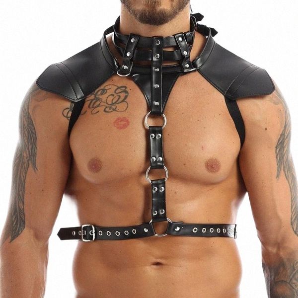 

bras sets men lingerie costume belts faux leather halter neck adjustable buckles body chest harness belt with metal o-rings straps 77c1#, Red;black