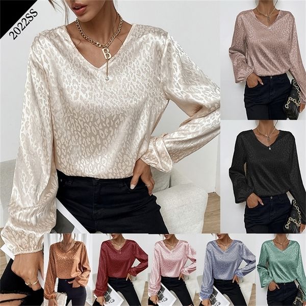 

office lady leopard printing chiffon shirt spring autumn v neck long lantern sleeve loose pullovers blouse women s clothing 220819, White