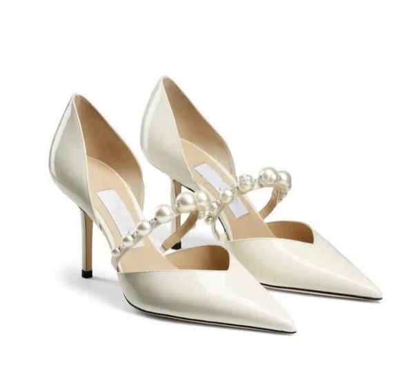 

brands women sandal shoes pumps pointed-toe pump in black white patent leather with pearls crystal embellished high heel female wedding