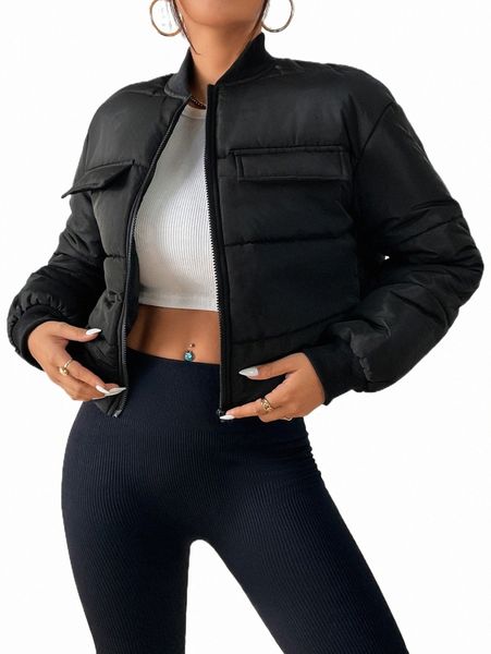 

drop shoulder baseball collar zipper puffer coat u5ka#, Black