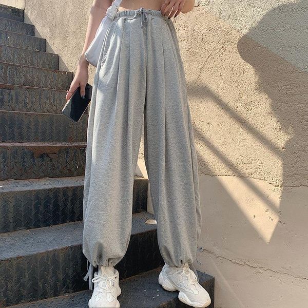 

pants woman summer gray elastic high waist sporty korean style loose trousers leisure female clothing, Black;white
