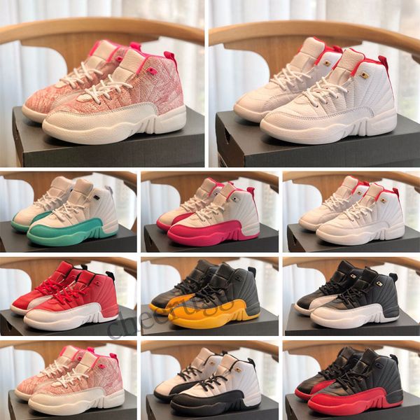 

kids basketball shoes jump man 12s 12 ps flu game black deadly pink gym red athletic sneakers kid shoe size 26-35