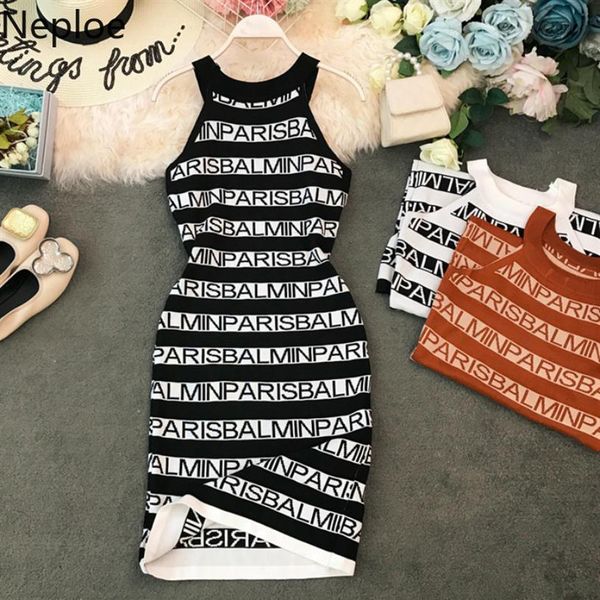 

neploe knitted letter print women dress summer 2020 new halter sleeveless camis vestidos slim waist bodycon dress 44319175z, Black;gray