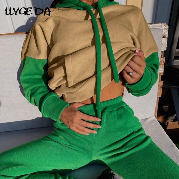 

fleece women's tracksuit hooded sweatpant set winter warm color matching loose sweatshirt sets female casual sport suit 220819, White