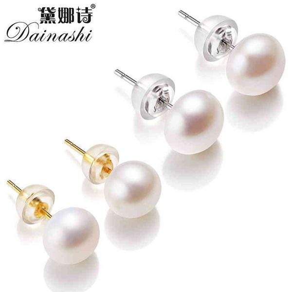 

natural freshwater pearl stud earrings real 925 sterling sliver cultured white for women jewelry wholesale, Golden