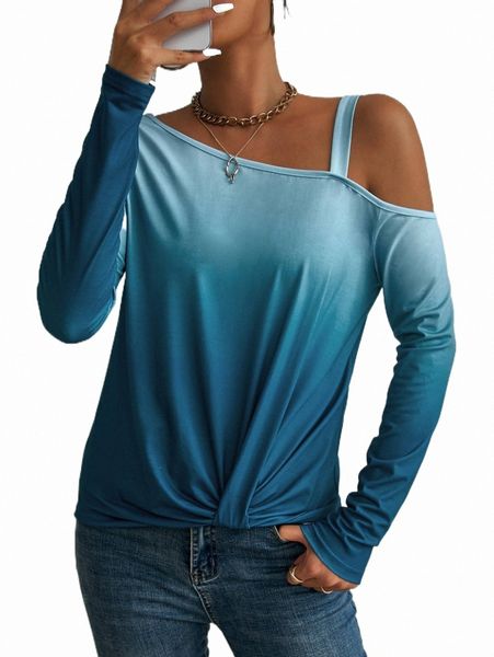 

women's t-shirt ombre asymmetrical neck twist hem tee h8todg#, White