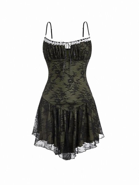 

casual dresses grunge contrast lace ruffle hem cami dress 87wt#, Black;gray