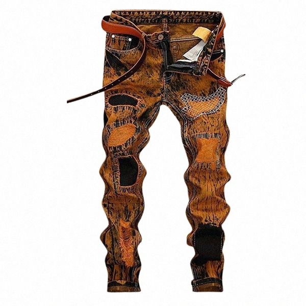 

hemiks men's ripped skinny denim jeans straight slim fit biker with zipper hip hop pants spring autumn fashion trousers p8co#, Blue