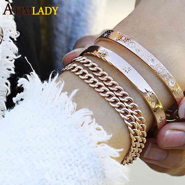 

designer jewelry 2021 arrive european trendy fashion bracelet wide band starburst northstar cz engraved circle open cuff bangle for women, Black